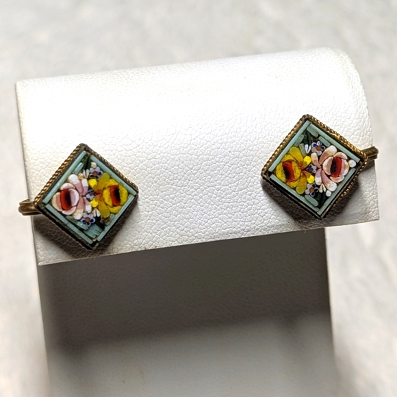 Antique/Rare Fabbrica Angelo Pressar (FAP) Mosaic Floral Earrings Made in Italy - Picture 4 of 7